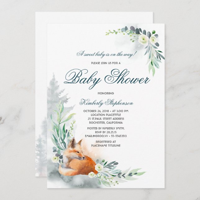 Cute Fox Woodland Spring Baby Shower Invitation (Front/Back)