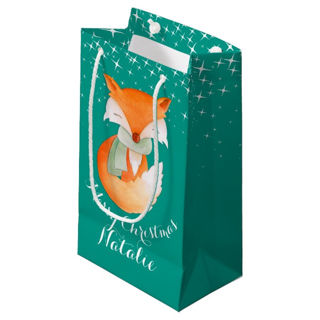 Cute fox wrapped up art named christmas gift bag (Front Angled)