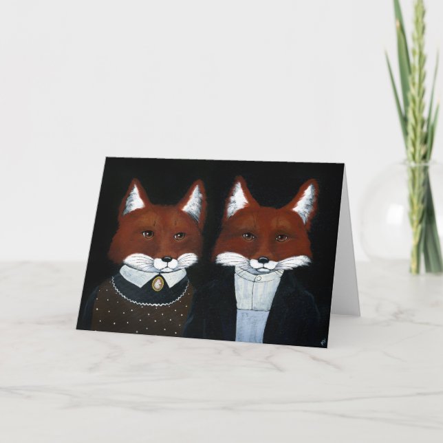 Cute foxes American Gothic anniversary blank card (Front)
