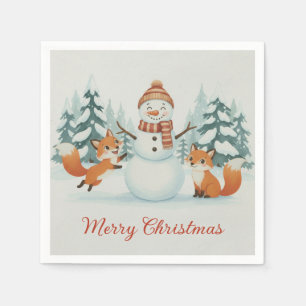 Cute Foxes and Snowman Merry Christmas Napkin