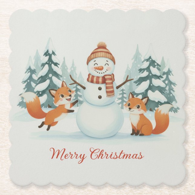 Cute Foxes and Snowman Merry Christmas Paper Coaster (Front)