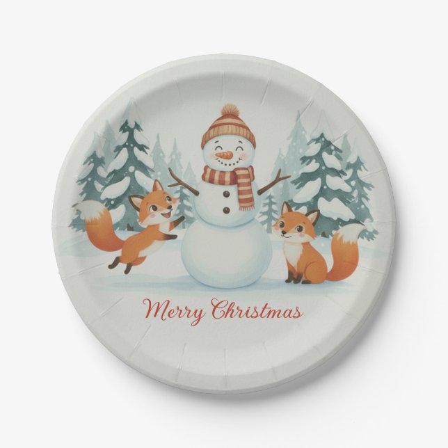 Cute Foxes and Snowman Merry Christmas Paper Plate (Front)