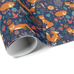 Cute Foxes Birds & Flowers Pattern Wrapping Paper