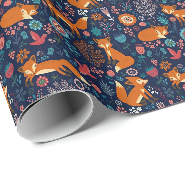 Cute Foxes Birds & Flowers Pattern Wrapping Paper (Roll Corner)