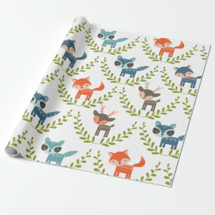 Cute Foxes & Deers On Green Wreath Wrapping Paper
