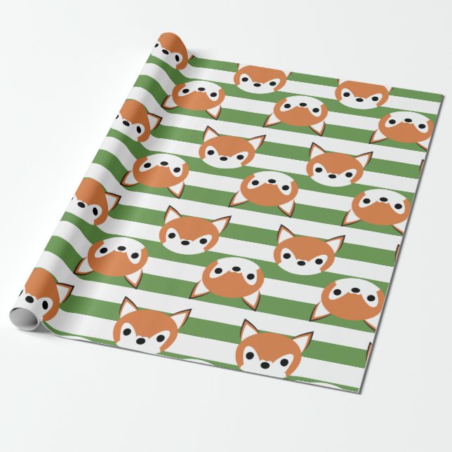 Cute Foxes & Green Stripes Wrapping Paper (Unrolled)