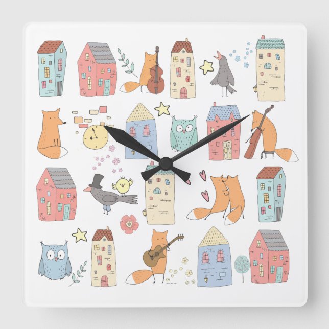 Cute foxes/owls/houses/kids/nursery white square wall clock (Front)