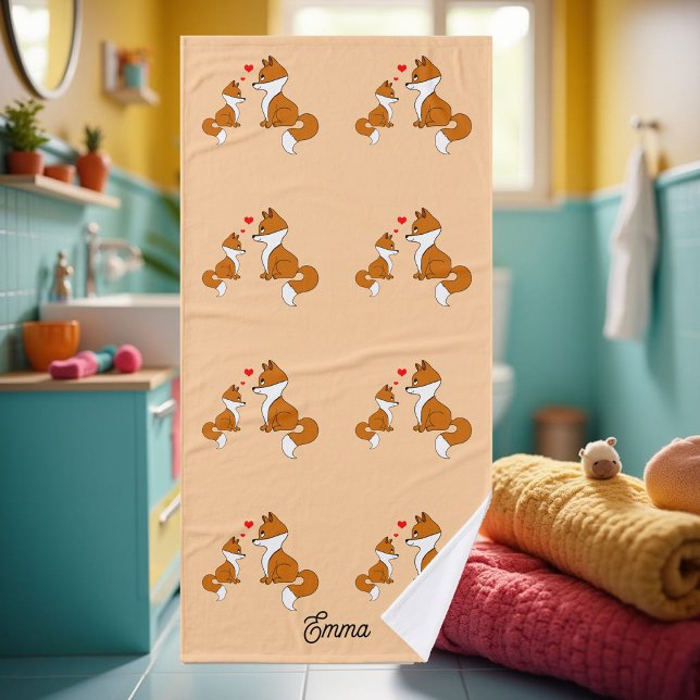 Cute foxes with hearts, hand drawn, personalised  bath towel (Creator Uploaded)
