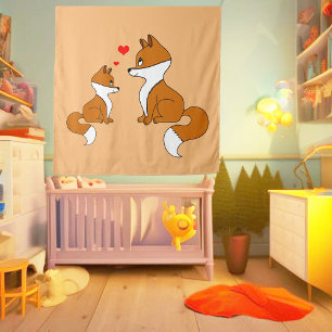 Cute foxes with hearts, hand drawn tapestry