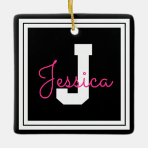 Cute Framed Name & Monogram   Black White & Pink Ceramic Ornament