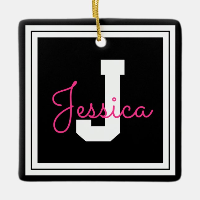 Cute Framed Name & Monogram | Black White & Pink Ceramic Ornament (Front)