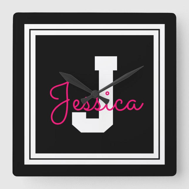 Cute Framed Name & Monogram | Black White & Pink Square Wall Clock (Front)