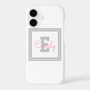 Cute Framed Name & Monogram Light Grey & Pink