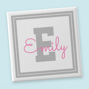 Cute Framed Name & Monogram Light Grey & Pink 15 Cm Square Badge