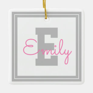 Cute Framed Name & Monogram   Light Grey & Pink Ceramic Ornament