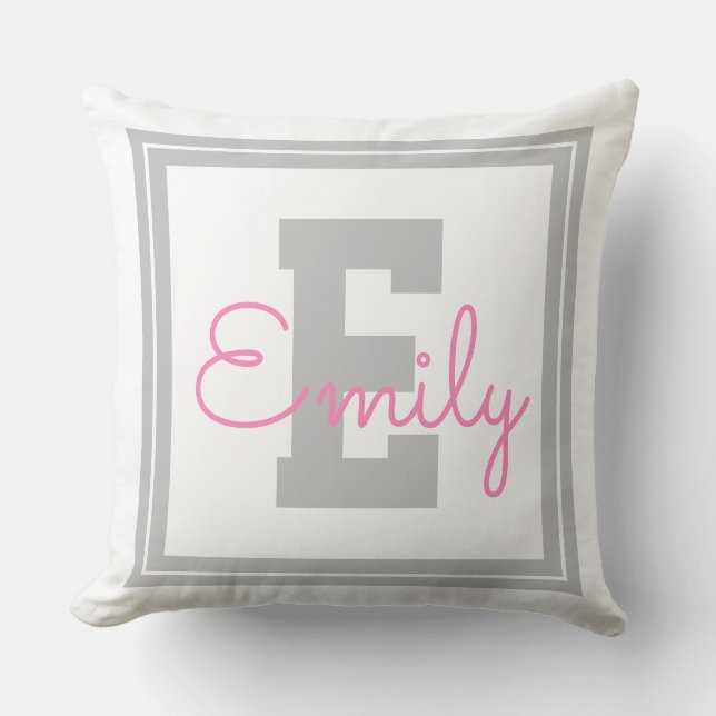 Cute Framed Name & Monogram | Light Grey & Pink Cushion (Front)