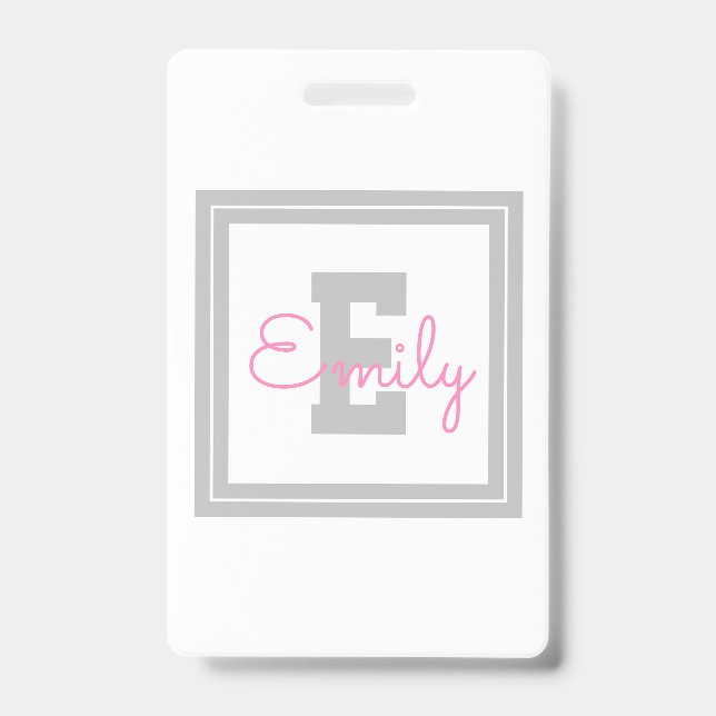 Cute Framed Name & Monogram | Light Grey & Pink ID Badge (Front)