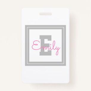 Cute Framed Name & Monogram Light Grey & Pink ID Badge