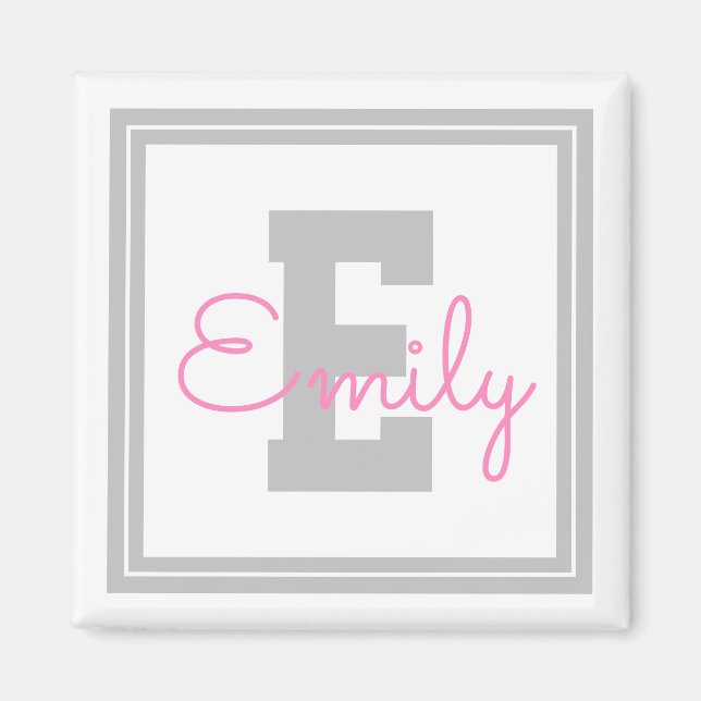 Cute Framed Name & Monogram | Light Grey & Pink Magnet (Front)