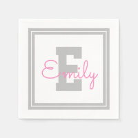 Cute Framed Name & Monogram | Light Grey & Pink