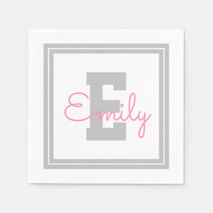 Cute Framed Name & Monogram   Light Grey & Pink Napkin