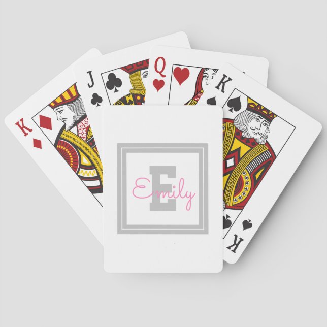 Cute Framed Name & Monogram | Light Grey & Pink Playing Cards (Back)
