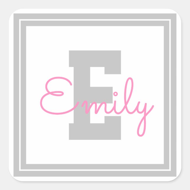 Cute Framed Name & Monogram | Light Grey & Pink Square Sticker (Front)
