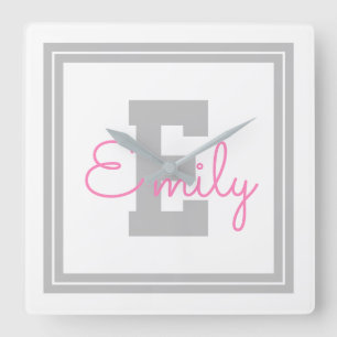 Cute Framed Name & Monogram   Light Grey & Pink Square Wall Clock
