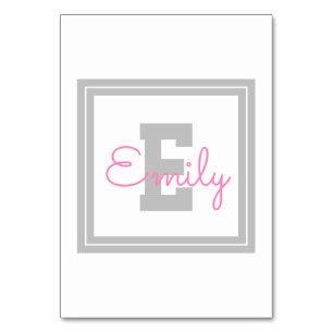 Cute Framed Name & Monogram   Light Grey & Pink Table Number
