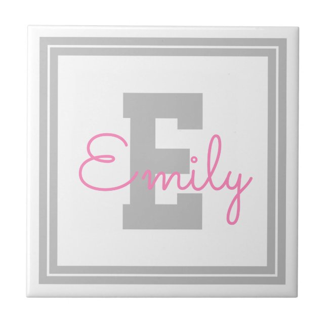 Cute Framed Name & Monogram | Light Grey & Pink Tile (Front)