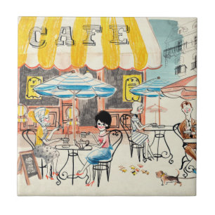 Cute France Café Scene Sketch Tile