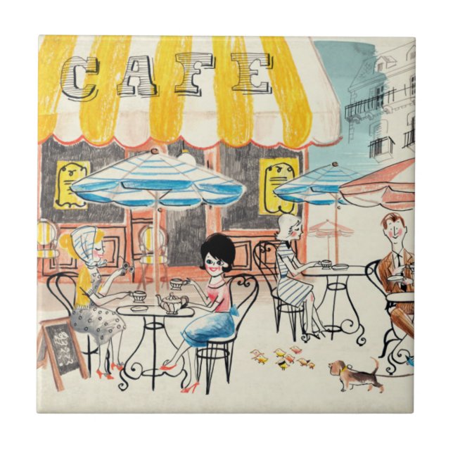 Cute France Café Scene Sketch Tile (Front)