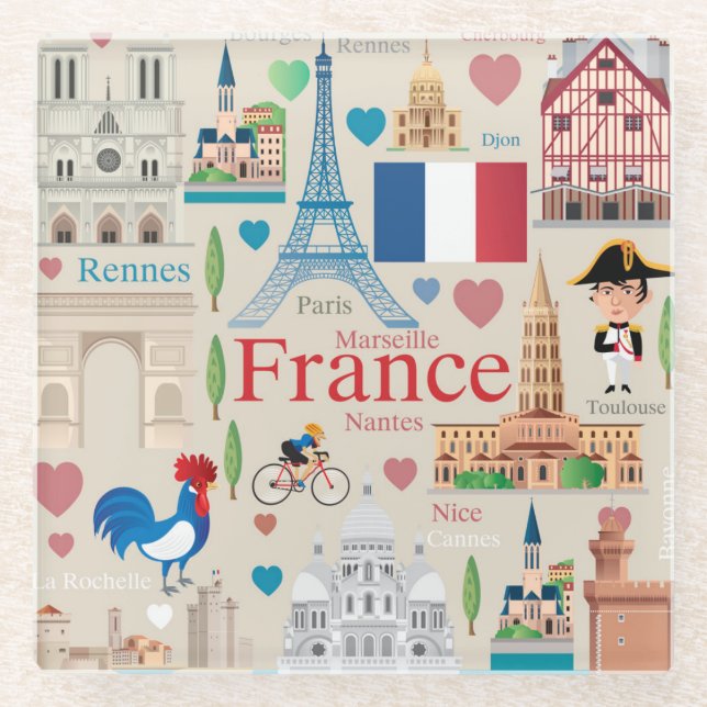 Cute France Icons Glass Coaster (Front)