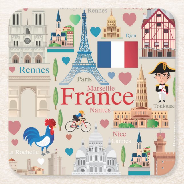 Cute France Icons Square Paper Coaster (Front)
