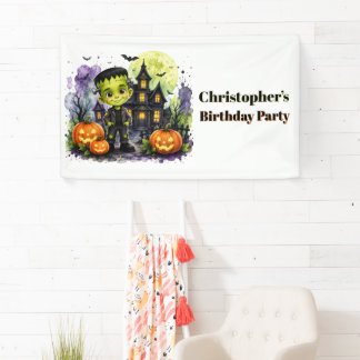 Cute Frankenstein Boy Halloween Birthday Party Banner