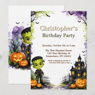 Cute Frankenstein Boy Halloween Birthday Party Invitation