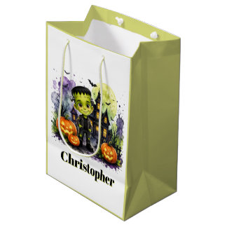 Cute Frankenstein Boy Halloween Birthday Party Medium Gift Bag