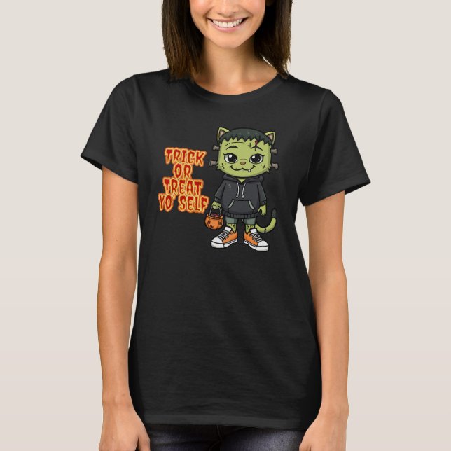 Cute Frankenstein Cat Monster – Kawaii Spooky Hall T-Shirt (Front)