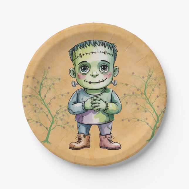 Cute Frankenstein Halloween Birthday Boy Party Paper Plate (Front)