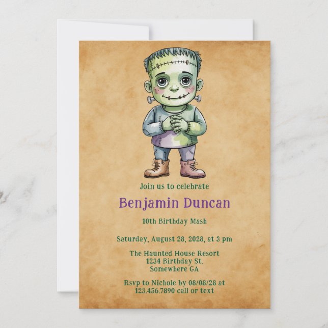 Cute Frankenstein Halloween Boy Birthday Mash  Invitation (Front)