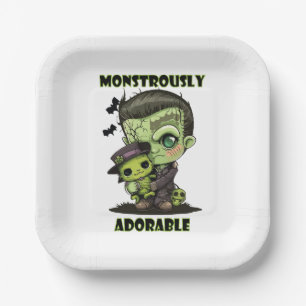 Cute Frankenstein Monster with plushie Paper Plate