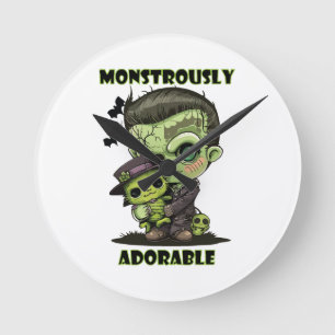 Cute Frankenstein Monster with plushie Round Clock