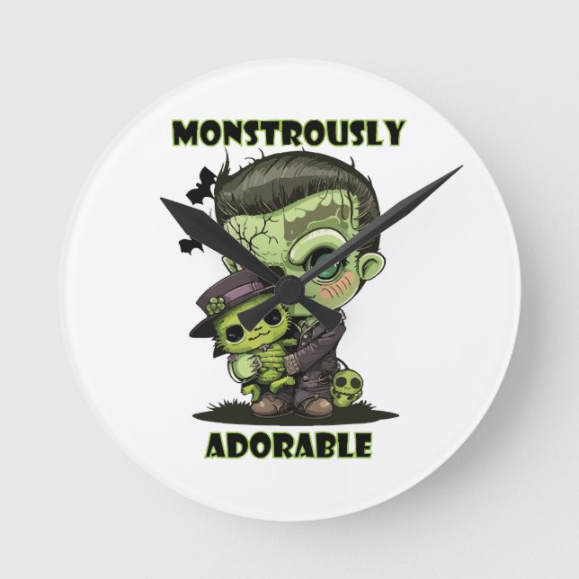  Cute Frankenstein Monster with plushie Round Clock (Front)