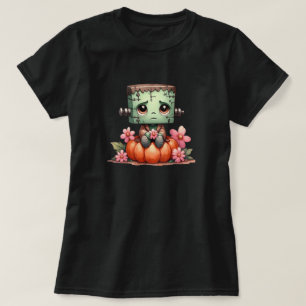 Cute Frankenstein Sitting on Pumpkin with Flowers T-Shirt