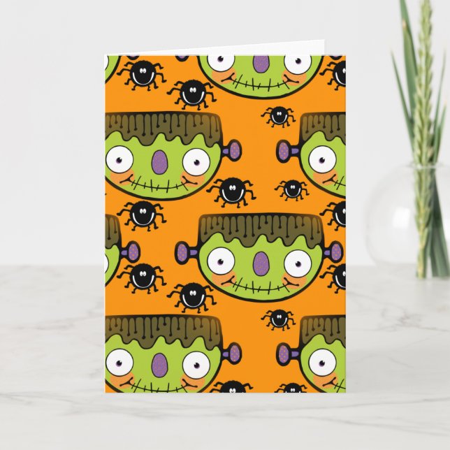 Cute Frankenstein, Spider Halloween Card (Front)