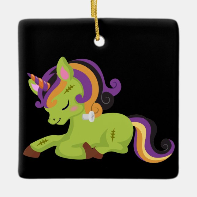 Cute Frankenstein Unicorn Halloween Ceramic Ornament (Front)
