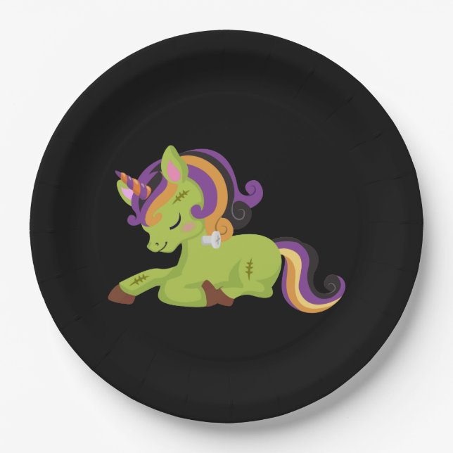 Cute Frankenstein Unicorn Halloween Paper Plate (Front)