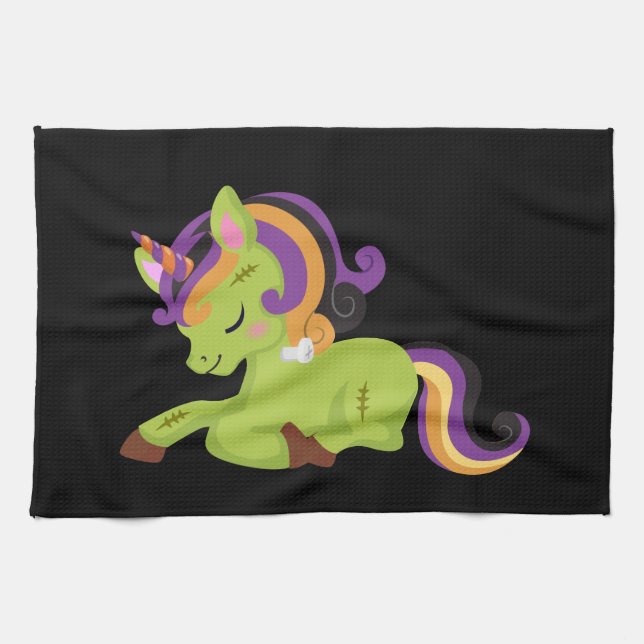 Cute Frankenstein Unicorn Halloween Tea Towel (Horizontal)