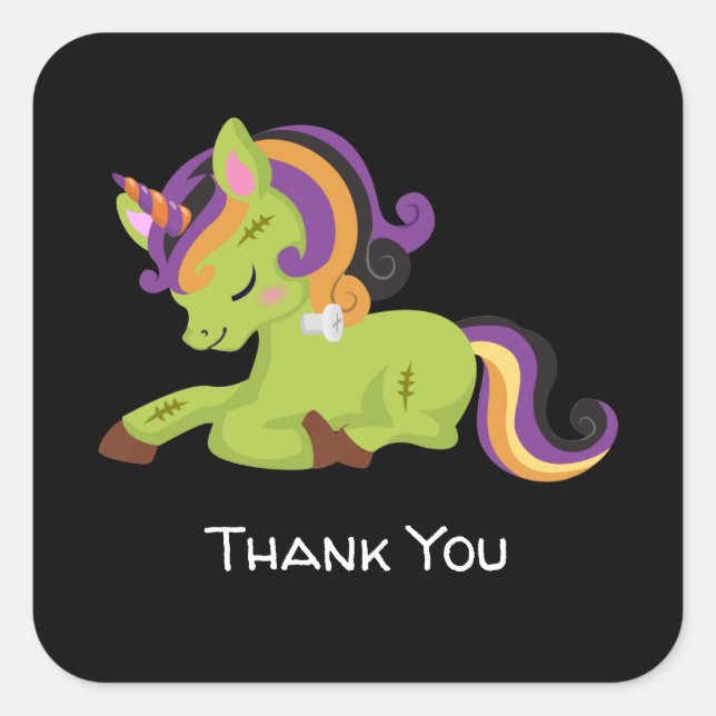 Cute Frankenstein Unicorn Halloween Thank You Square Sticker (Front)