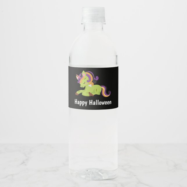 Cute Frankenstein Unicorn Happy Halloween Water Bottle Label (Front)